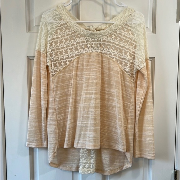 hazel Tops - Anthropologie Hazel Peach Cream Lace Insert Bow Tie Back Blouse - Size XS
